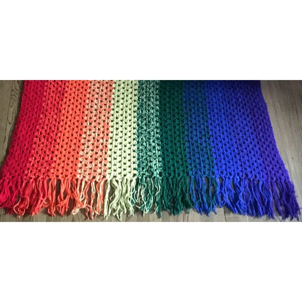 Handmade Crochet Rainbow Afghan Blanket Throw Fringe Edge 54W x 84L